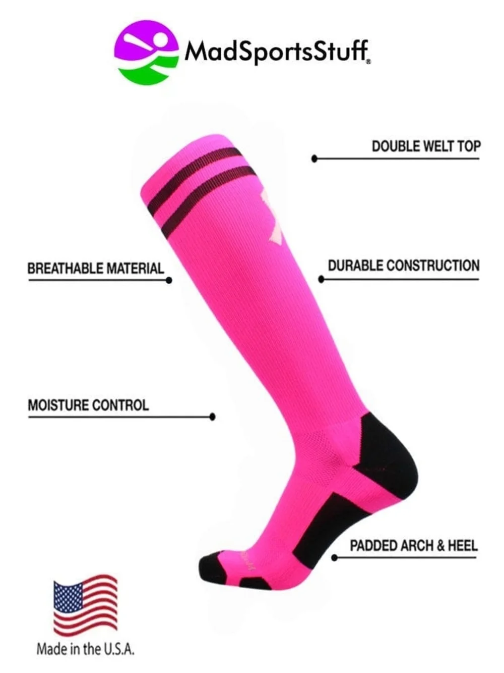 NWT Neon Pink Ribbon Breast Cancer Awareness Sports Socks Stripes XL